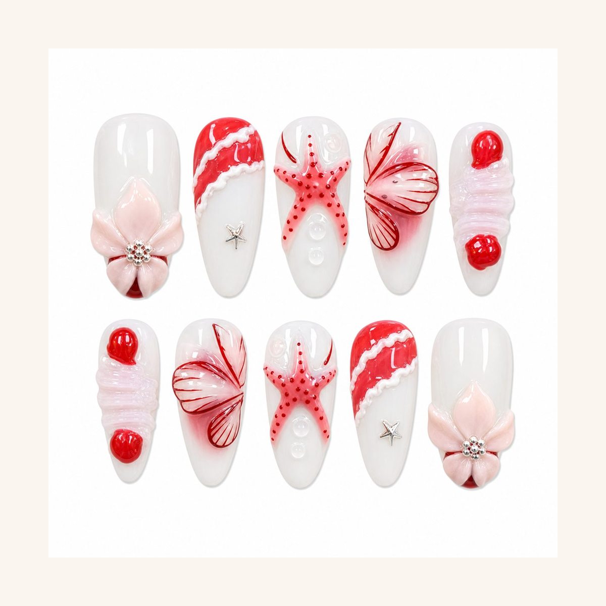 Dooby Dooby Cherry Ribbon French Press-On Nails cream clean nail product image