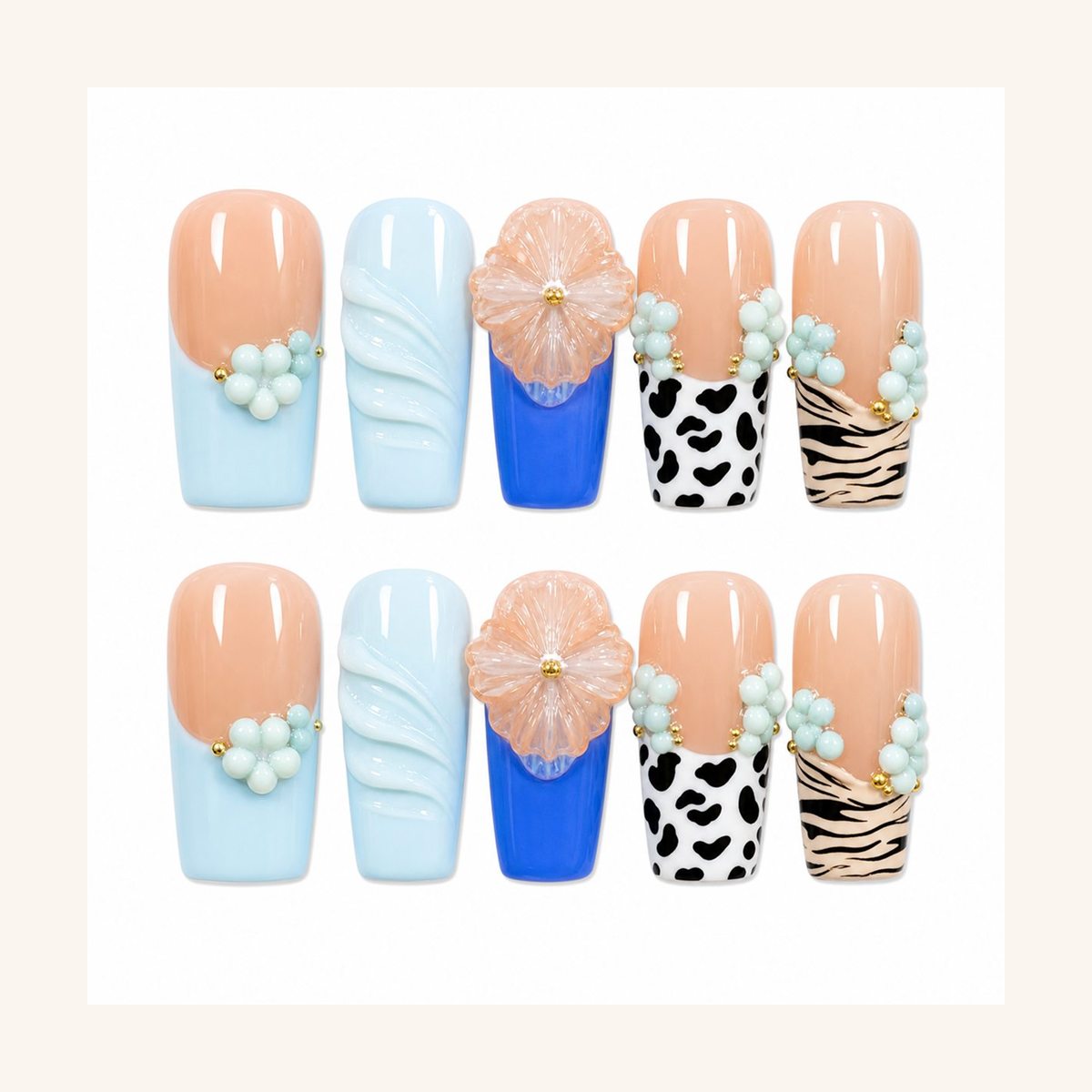 Dooby Dooby Cow Print Beach Mix Press-On Nails cream clean nail product image
