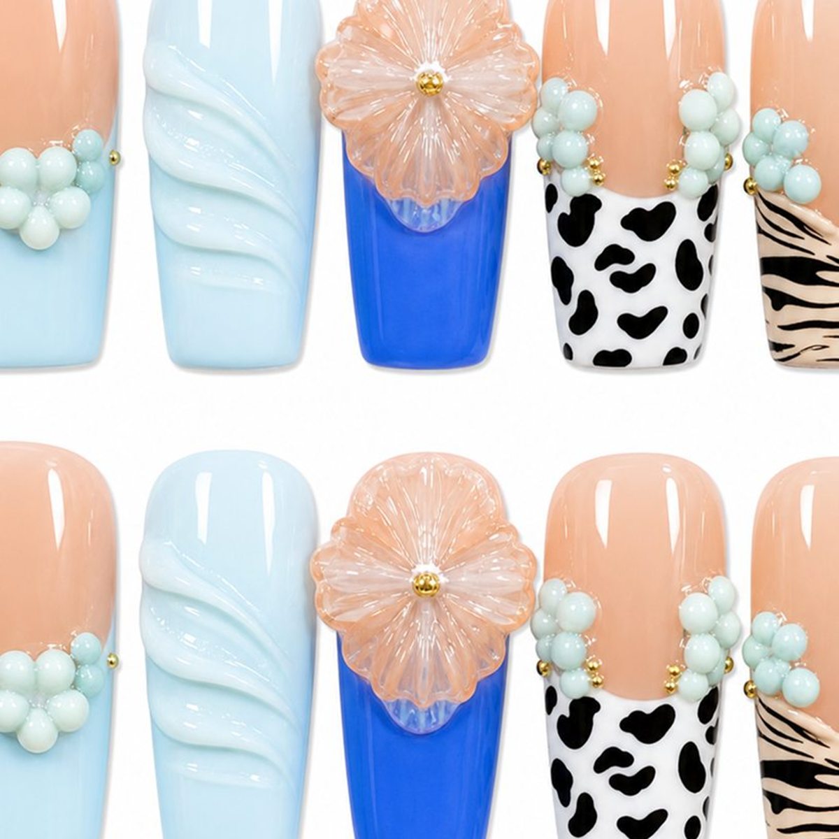 Dooby Dooby Cow Print Beach Mix Press-On Nails detail clean nail product image