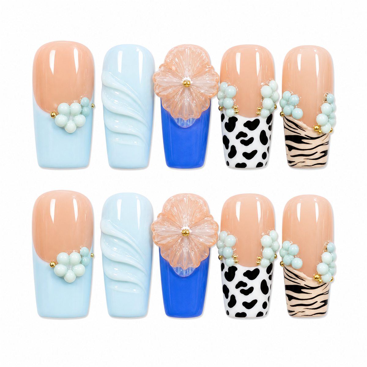 Dooby Dooby Cow Print Beach Mix Press-On Nails compressed clean white background product image