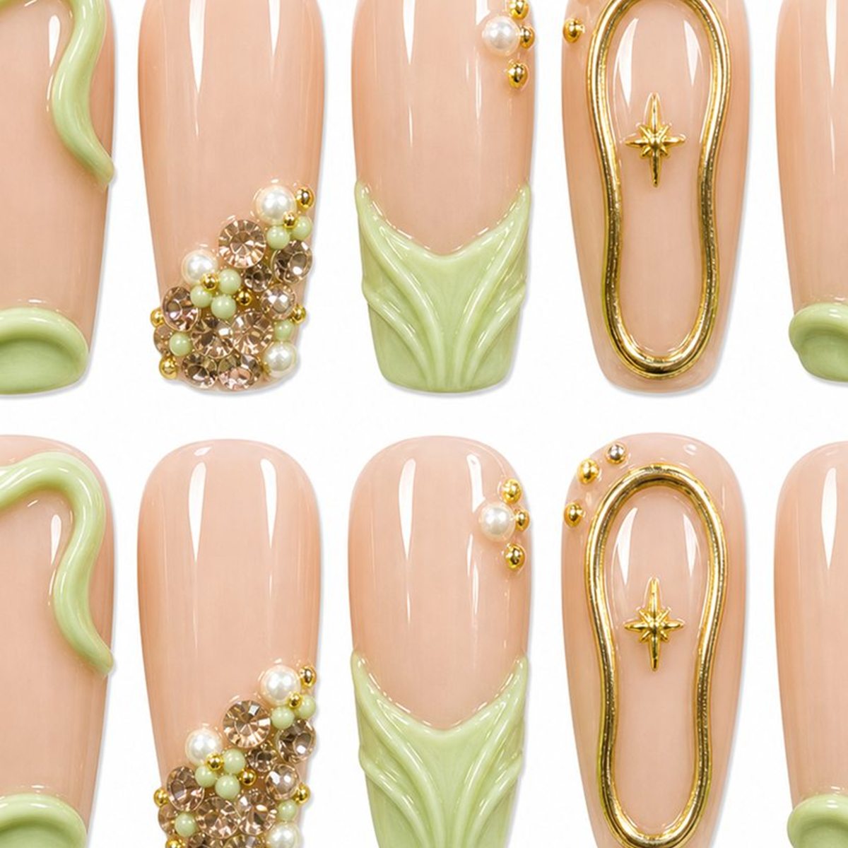 Dooby Dooby Matcha Ribbon Nude Press-On Nails detail clean nail product image
