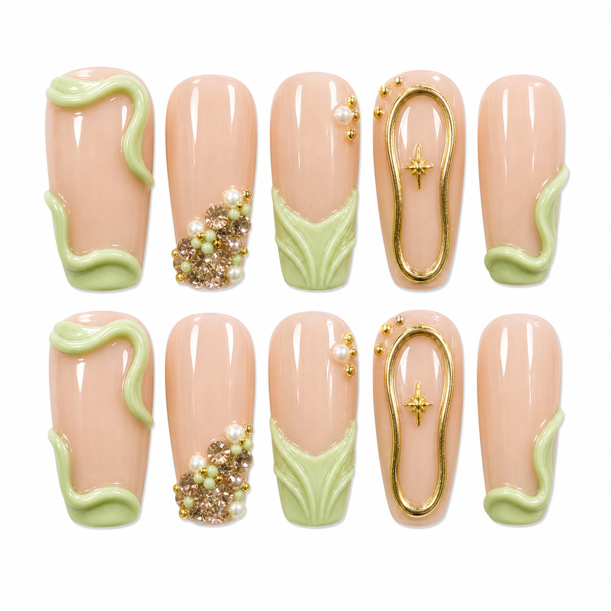 Dooby Dooby Matcha Ribbon Nude Press-On Nails compressed clean white background product image