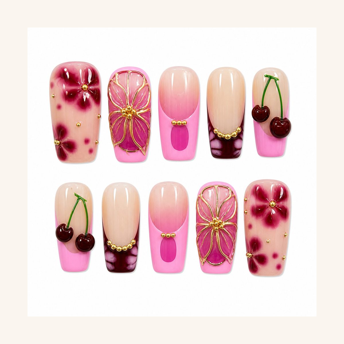 Dooby Dooby Pink Cherry Bloom Press-On Nails cream clean nail product image