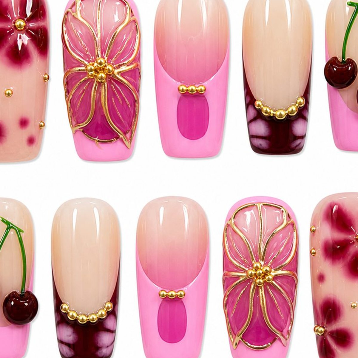 Dooby Dooby Pink Cherry Bloom Press-On Nails detail clean nail product image