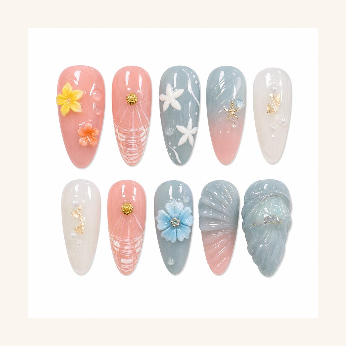 Dooby Dooby Shell Garden Blue Press-On Nails cream clean nail product image