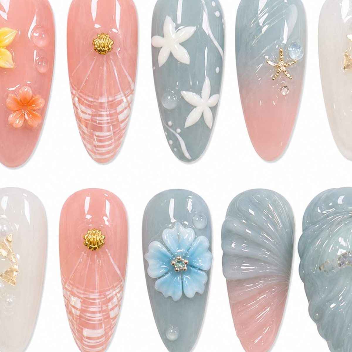 Dooby Dooby Shell Garden Blue Press-On Nails detail clean nail product image
