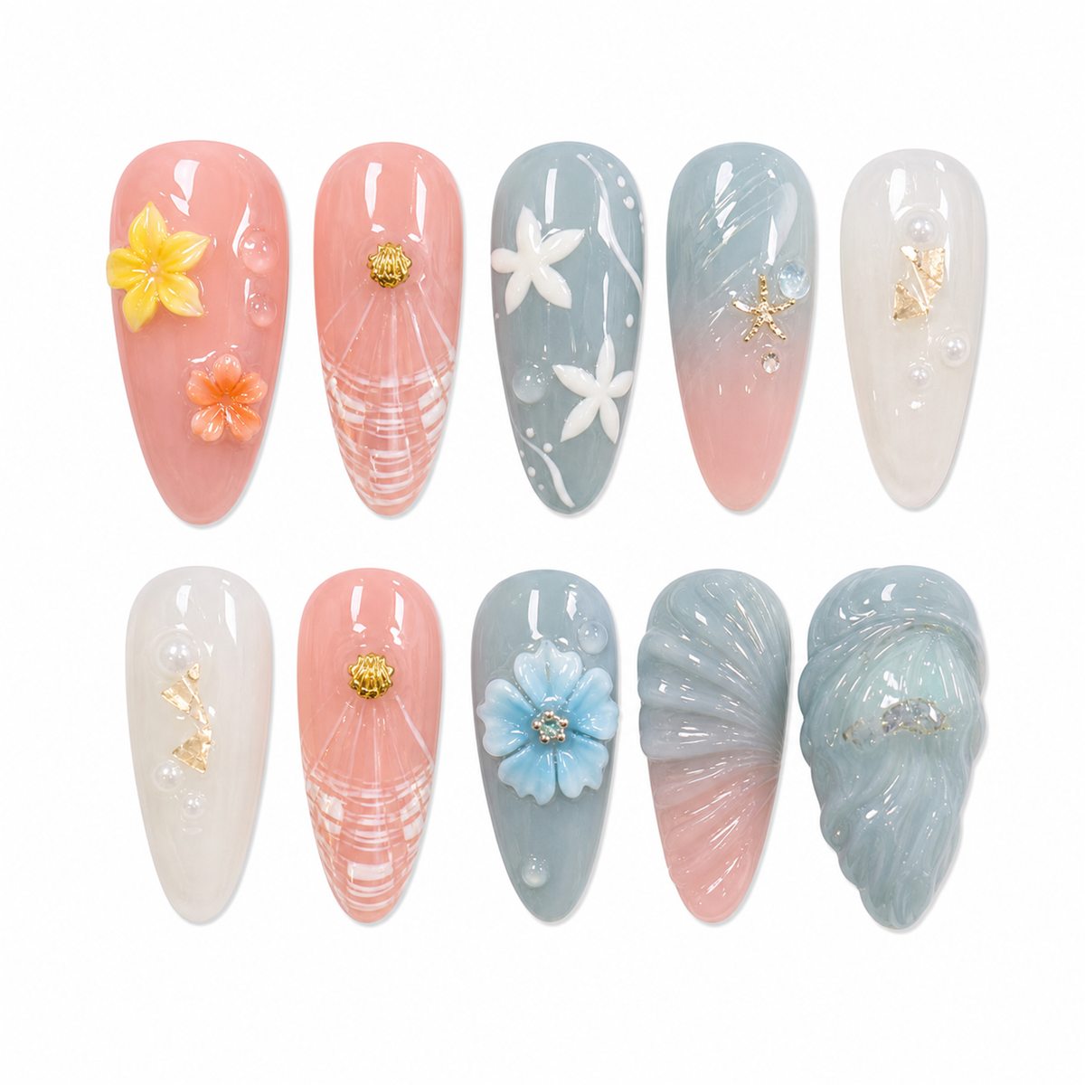 Dooby Dooby Shell Garden Blue Press-On Nails compressed clean white background product image