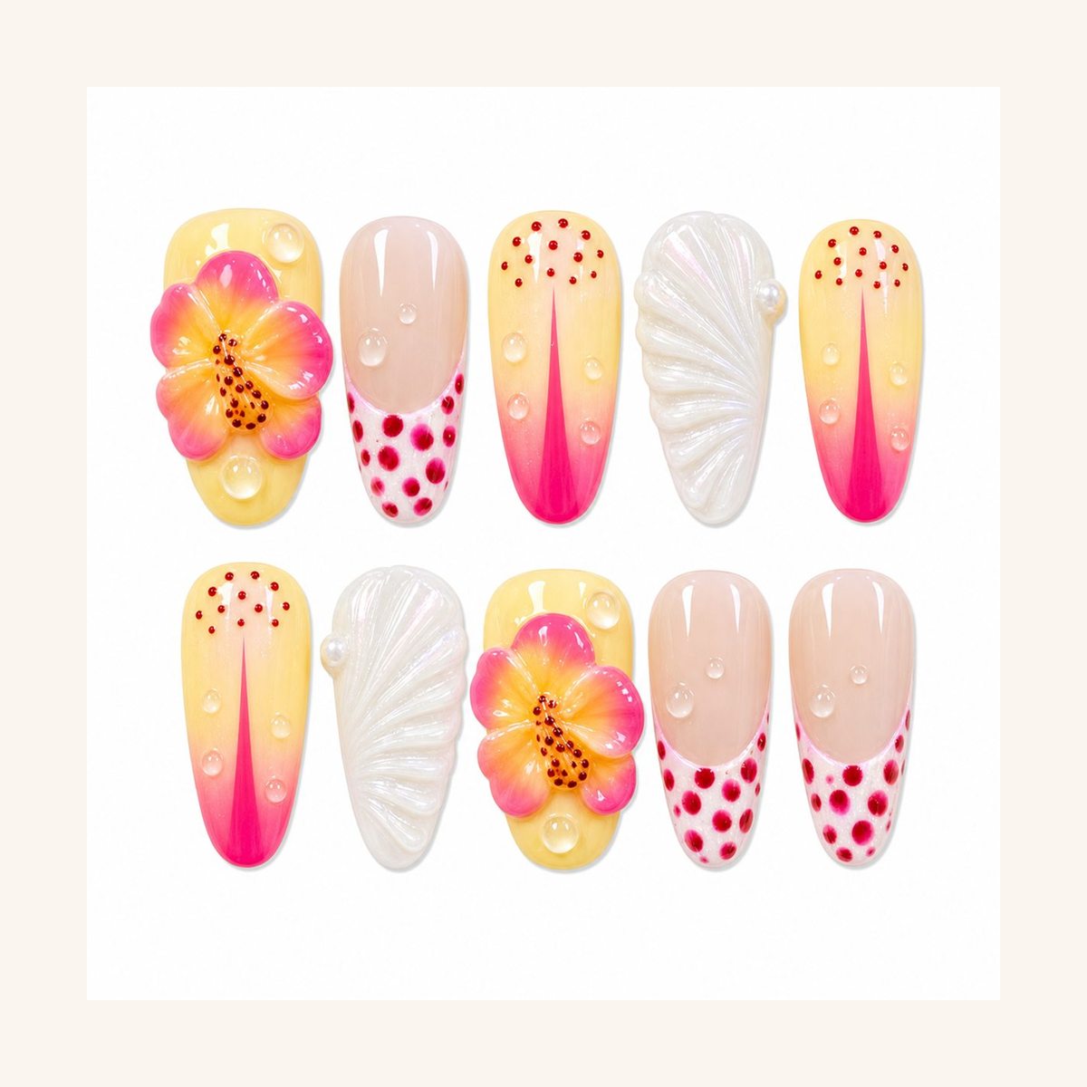Dooby Dooby Tropical Hibiscus Pink Press-On Nails cream clean nail product image