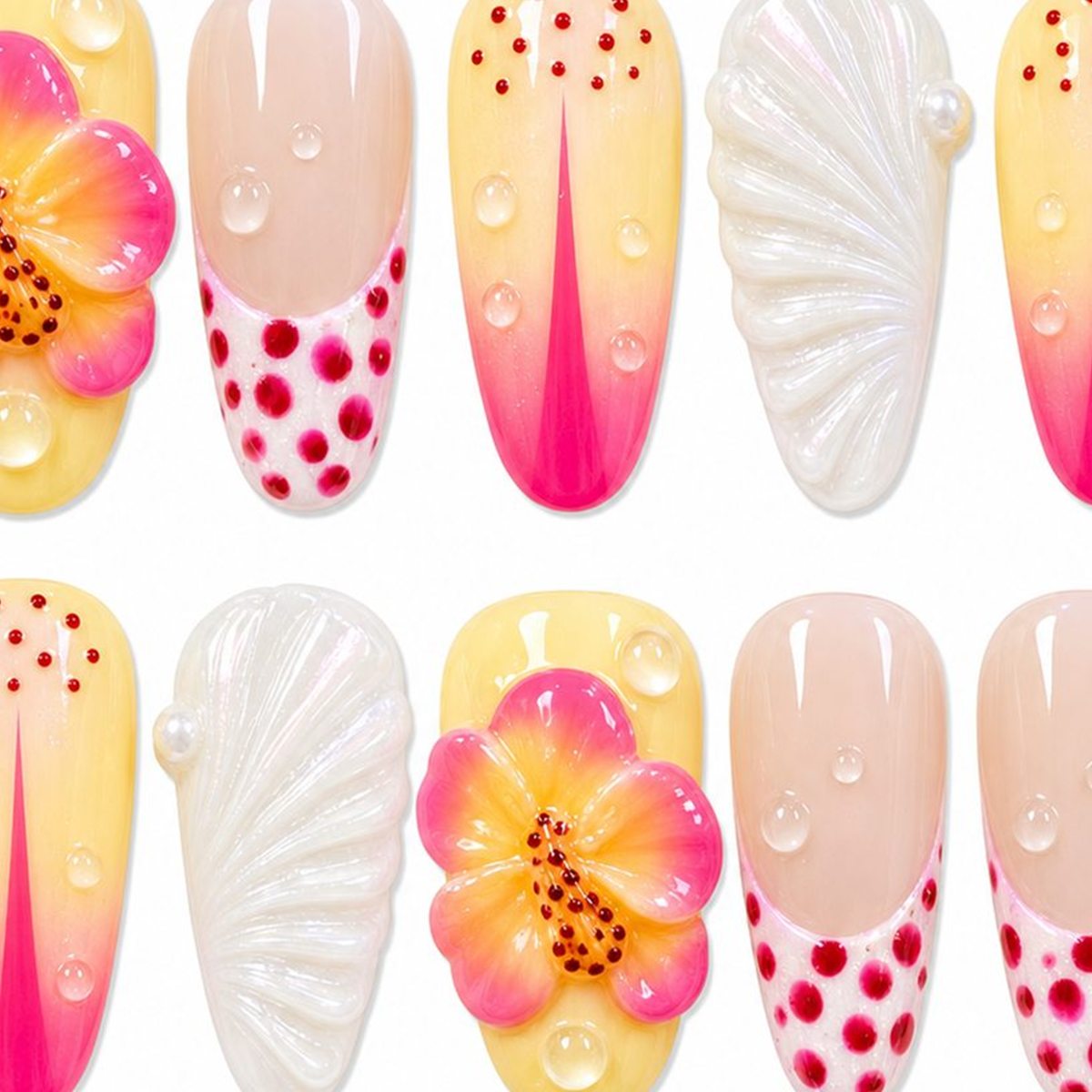 Dooby Dooby Tropical Hibiscus Pink Press-On Nails detail clean nail product image