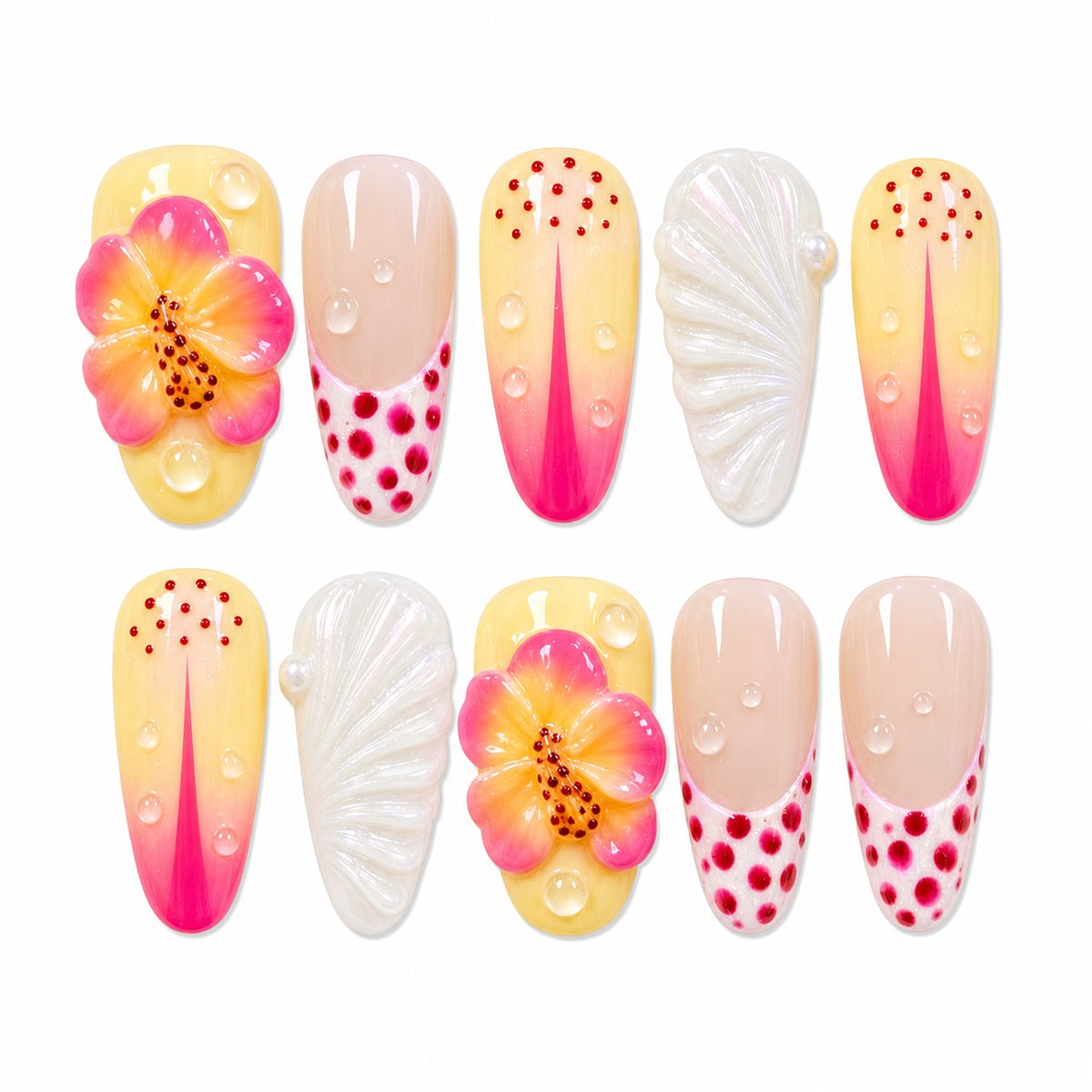 Dooby Dooby Tropical Hibiscus Pink Press-On Nails compressed clean white background product image